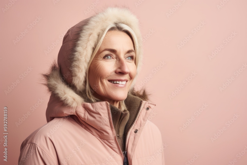 Canvas Prints portrait of beautiful mature woman in winter jacket on pink background.