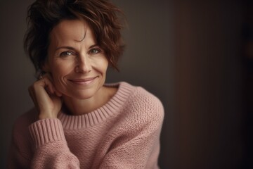 Portrait of a beautiful middle-aged woman in a pink sweater