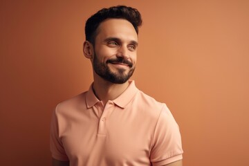 Lifestyle portrait photography of a pleased man in his 30s wearing a sporty polo shirt against a pastel or soft colors background. Generative AI