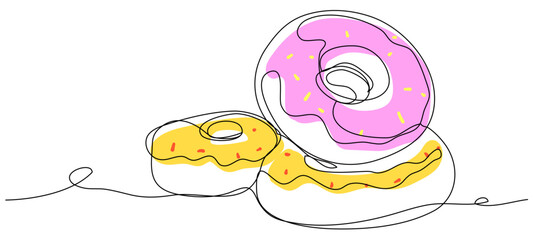 Colored donuts in one line on a white background. Sweet cartoon gingerbread concept. Vector stock illustration of simple donuts.