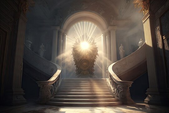 view of heavenly throne on marble staircase, with light shining down from above, created with generative ai