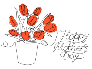 Red tulips in a flowerpot in one line on a white background. Vector card with minimalistic flowers for Mother's Day.
