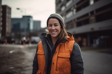 Fototapeta premium Portrait of a beautiful smiling woman in an orange jacket on the street