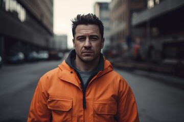 Fototapeta premium Portrait of a young man in an orange jacket in the city