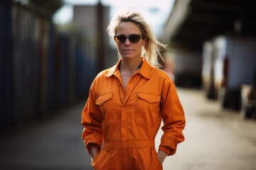 Portrait of a young woman in an orange jumpsuit and sunglasses
