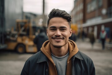 portrait of handsome young indian man smiling at camera in city