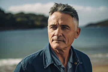 Fototapeta premium Portrait of a mature man looking away while standing by the sea.
