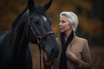 Obraz premium Environmental portrait photography of a satisfied woman in her 50s wearing a chic cardigan against an equestrian or horse background. Generative AI