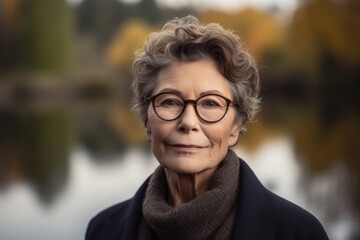 Portrait of senior woman with eyeglasses in autumn park.