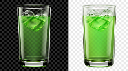Translucent tall glass of green cocktail with ice cubes. Two options, for dark and light background. Transparency only in vector format