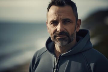 Fototapeta premium Portrait of a handsome middle-aged man in sportswear on the beach.