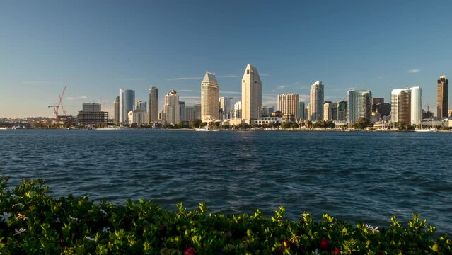 4K Panning Timelapse of the Downtown San Diego skyline across San Diego Bay from Coronado Island during sunset with sailboats in the Pacific Ocean.
