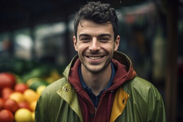 Portrait of a handsome young man smiling at the camera in the market