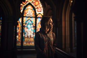 Young woman in front of a stained glass window in the church.
