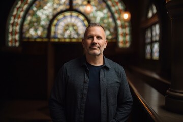Portrait of a handsome middle-aged man in a church.