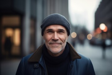 Portrait of a handsome middle-aged man in a hat and coat in the city