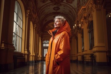 Portrait of an elderly woman in an orange raincoat in the old building.