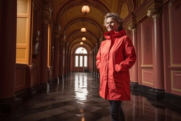 Portrait of a happy senior woman in a red coat in the gallery