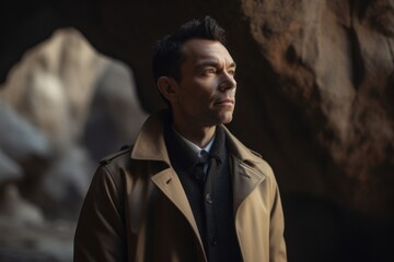 Fototapeta na wymiar Lifestyle portrait photography of a satisfied man in his 30s wearing a versatile overcoat against a rock formation or cliff background. Generative AI