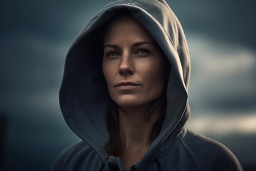 Portrait of a woman in a hood against a cloudy sky.