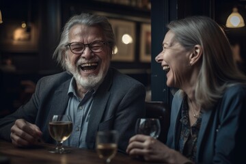 Man and woman laughing at dinner in a restaurant Generative ai