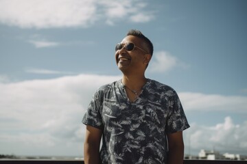 Portrait of a happy asian man wearing sunglasses against blue sky