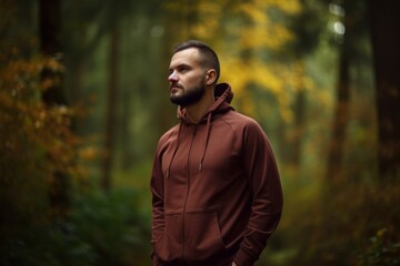 Portrait of a bearded man in an autumn forest. Man in a red hoodie.