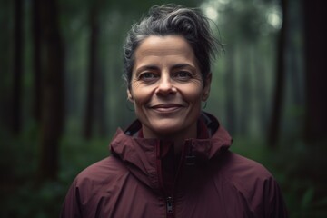 Portrait of a beautiful woman in a raincoat in the forest