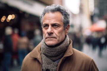 Obraz premium Portrait of a middle-aged man with gray hair and gray eyes, wearing a brown coat and gray scarf, standing in the street.