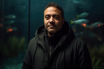 Portrait of a man in a dark raincoat in an aquarium