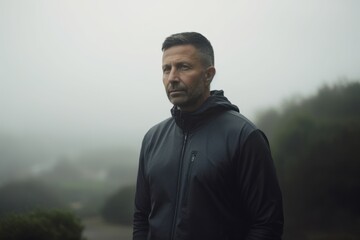 Portrait of a man in a black jacket on a foggy day.