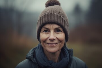 Portrait of a beautiful senior woman in a winter hat outdoors.