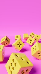 Many yellow dice in disorder on purple scenery, 3d illustration, randomness theme