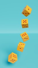 Group of orange dice fall to blue stage, 3d illustration, falling or randomness theme