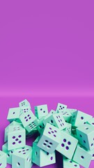Purple table and wall with group of blue dice in disorder, 3d rendering, luck and chance theme