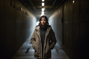 Young woman in trench coat walking in a dark tunnel at night.