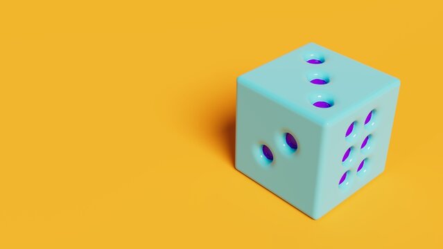 Blue Dice With Purple Numbers On Yellow Table, 3d Rendering, Numerical Theme