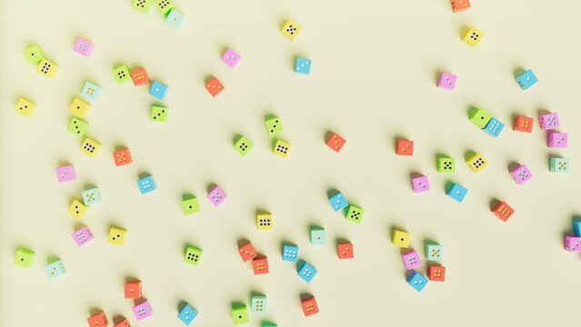 Many different color dice scattered on a yellow table, 3d illustration, diversity theme