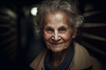 Portrait of a smiling senior woman on a dark background. Selective focus.