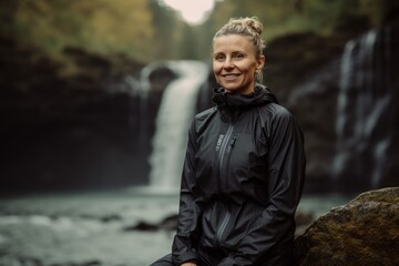 Portrait of a beautiful woman in a black raincoat on the background of a waterfall