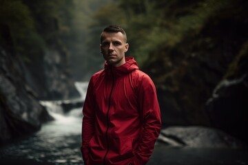 Young man in red sportswear standing in front of a waterfall