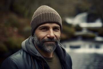 Portrait of a bearded man in a hat and jacket on the background of a waterfall