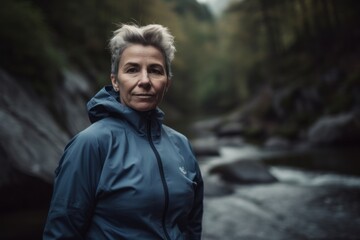 Portrait of an elderly woman in a blue jacket standing by a mountain river.