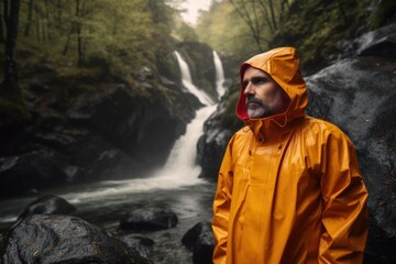 Obraz premium Man in raincoat and yellow raincoat standing in front of waterfall