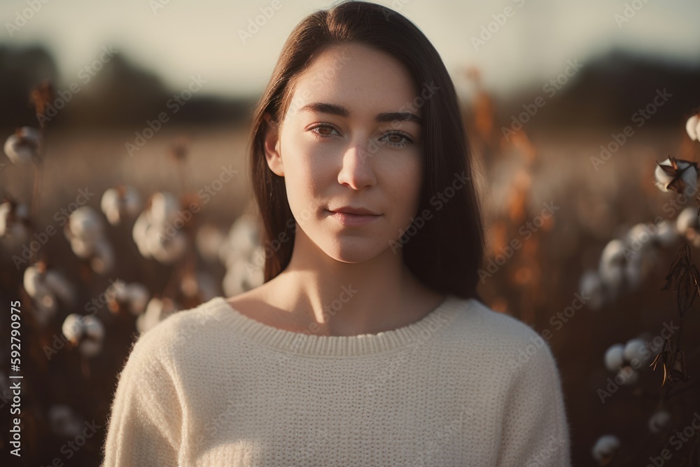 Wall mural Portrait of a beautiful young woman in a field of cotton.