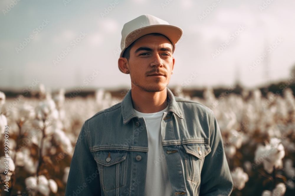 Wall mural Portrait of a handsome young man in a white cap and denim jacket standing in cotton field.