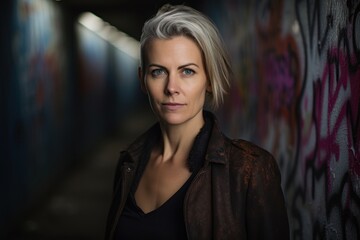 Portrait of a beautiful blonde woman in a dark tunnel with graffiti