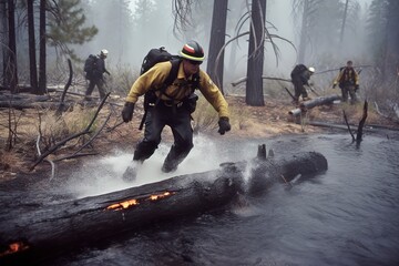 A firefighter walking on a burning log, boots steaming as he tests the stability before the rest of his crew crosses the log. Eyes focused on the path, gloves singed. Generative AI.