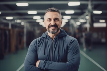 Portrait of smiling mature man standing with arms crossed in fitness center
