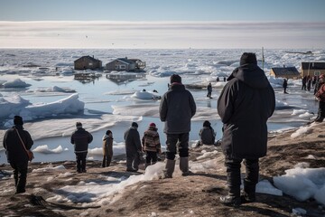 Melting Inuit villagers stand on the shore of an Arctic village, watching with sadness as their historic homes crack, floating away on the sea. They are refugees of climate change. Generative AI - obrazy, fototapety, plakaty